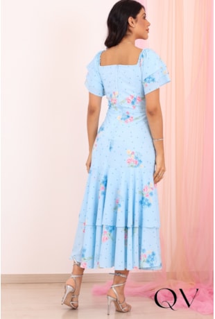 VESTIDO MIDI FLORAL EM CREPE SEDA AZUL - PURO SHARMY