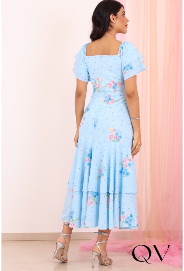 VESTIDO MIDI FLORAL EM CREPE SEDA AZUL - PURO SHARMY