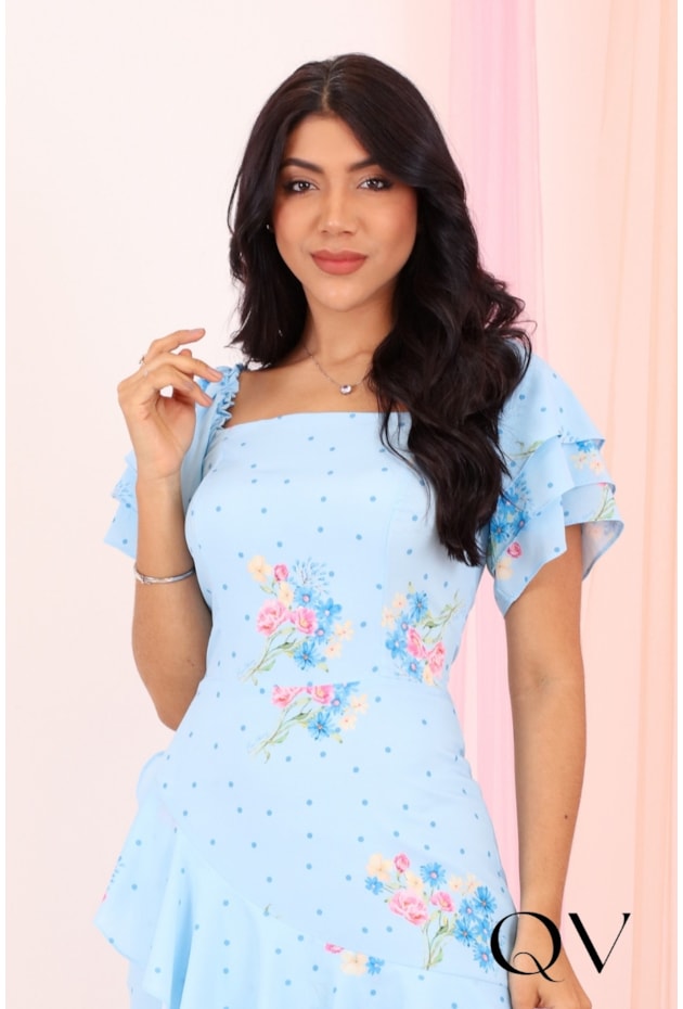 VESTIDO MIDI FLORAL EM CREPE SEDA AZUL - PURO SHARMY