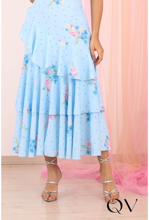VESTIDO MIDI FLORAL EM CREPE SEDA AZUL - PURO SHARMY
