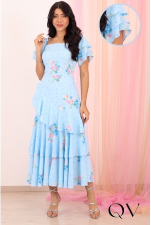 VESTIDO MIDI FLORAL EM CREPE SEDA AZUL - PURO SHARMY