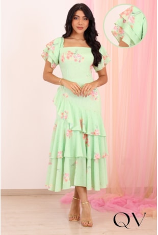 VESTIDO MIDI FLORAL EM CREPE SEDA VERDE - PURO SHARMY