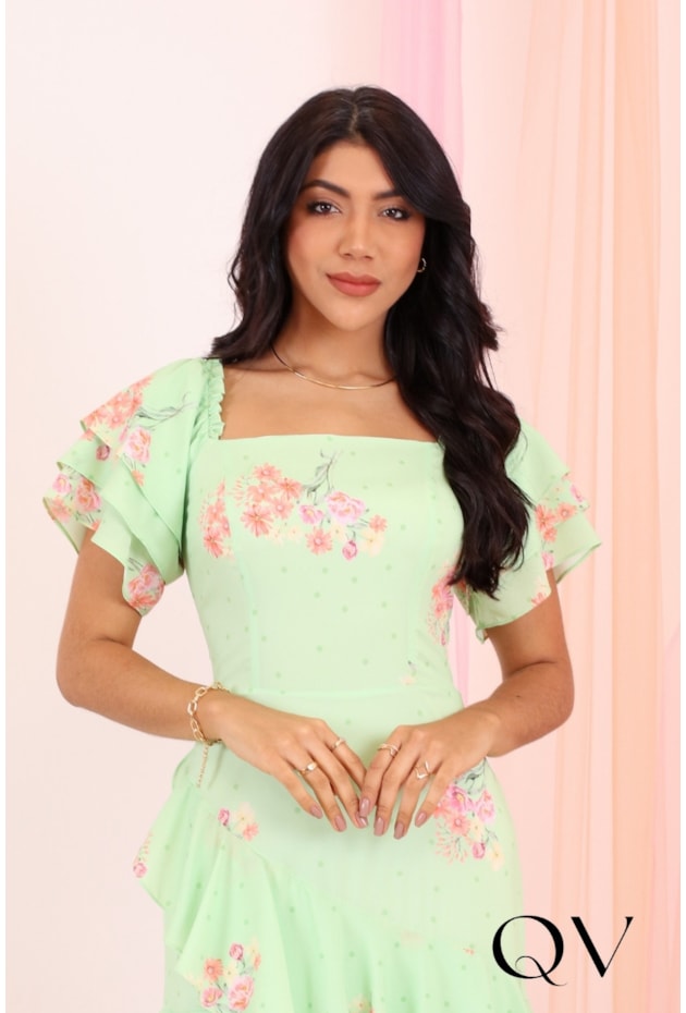 VESTIDO MIDI FLORAL EM CREPE SEDA VERDE - PURO SHARMY