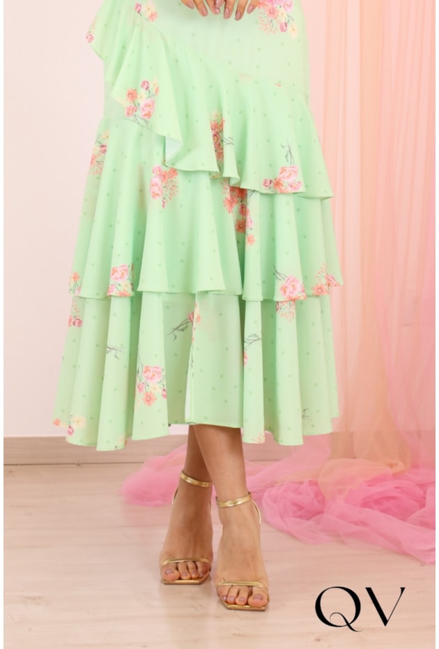 VESTIDO MIDI FLORAL EM CREPE SEDA VERDE - PURO SHARMY
