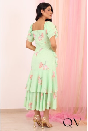 VESTIDO MIDI FLORAL EM CREPE SEDA VERDE - PURO SHARMY