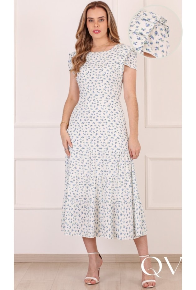 VESTIDO MIDI FLORAL EM VISCOSE BRANCO - PURO SHARMY