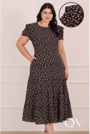 VESTIDO MIDI FLORAL EM VISCOSE PRETO - PURO SHARMY