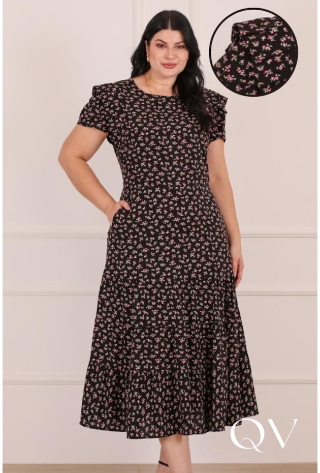 VESTIDO MIDI FLORAL EM VISCOSE PRETO - PURO SHARMY