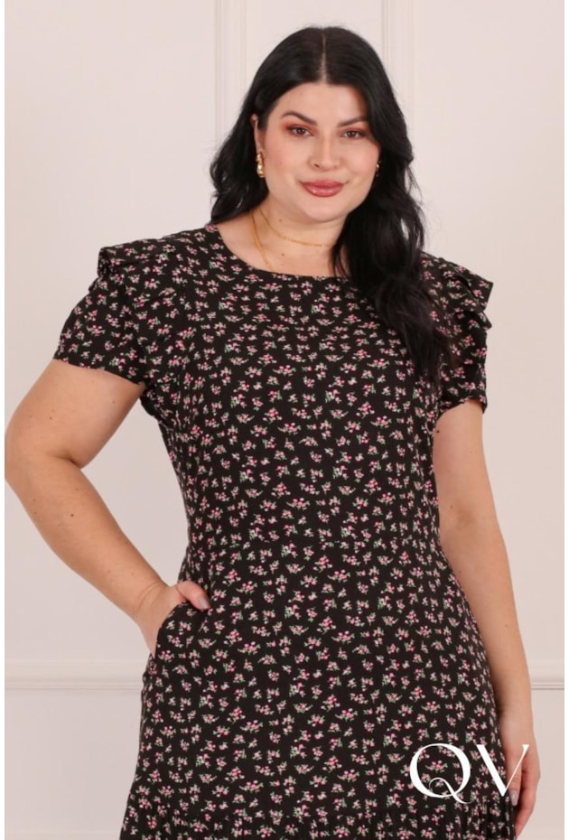 VESTIDO MIDI FLORAL EM VISCOSE PRETO - PURO SHARMY