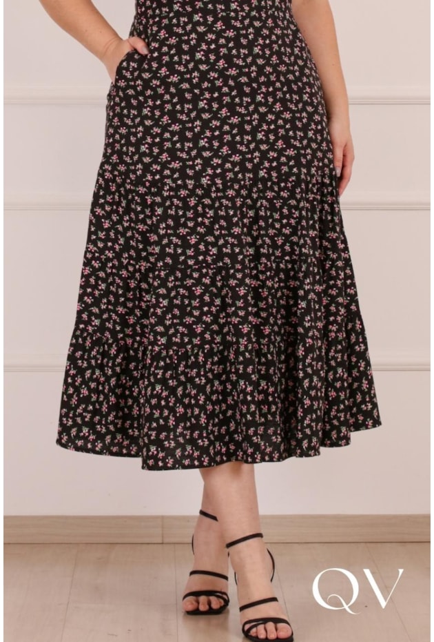 VESTIDO MIDI FLORAL EM VISCOSE PRETO - PURO SHARMY