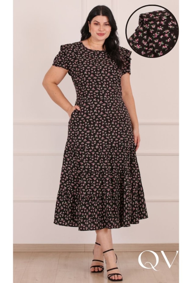 VESTIDO MIDI FLORAL EM VISCOSE PRETO - PURO SHARMY