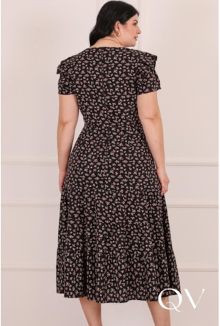 VESTIDO MIDI FLORAL EM VISCOSE PRETO - PURO SHARMY