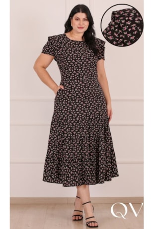 VESTIDO MIDI FLORAL EM VISCOSE PRETO - PURO SHARMY