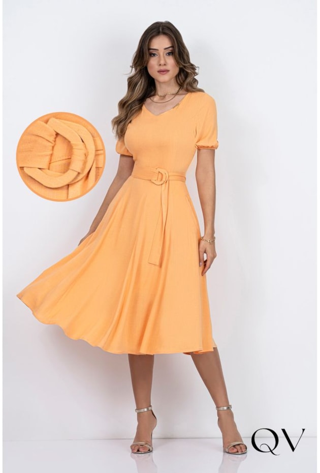 VESTIDO MIDI GODÊ COM FAIXA LARANJA - VIA TOLENTINO