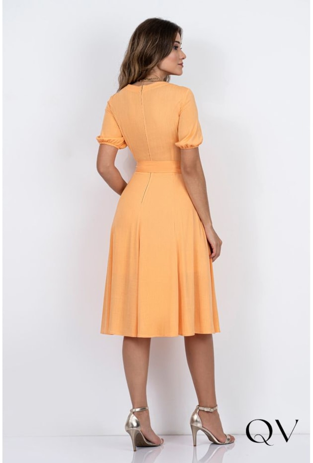 VESTIDO MIDI GODÊ COM FAIXA LARANJA - VIA TOLENTINO