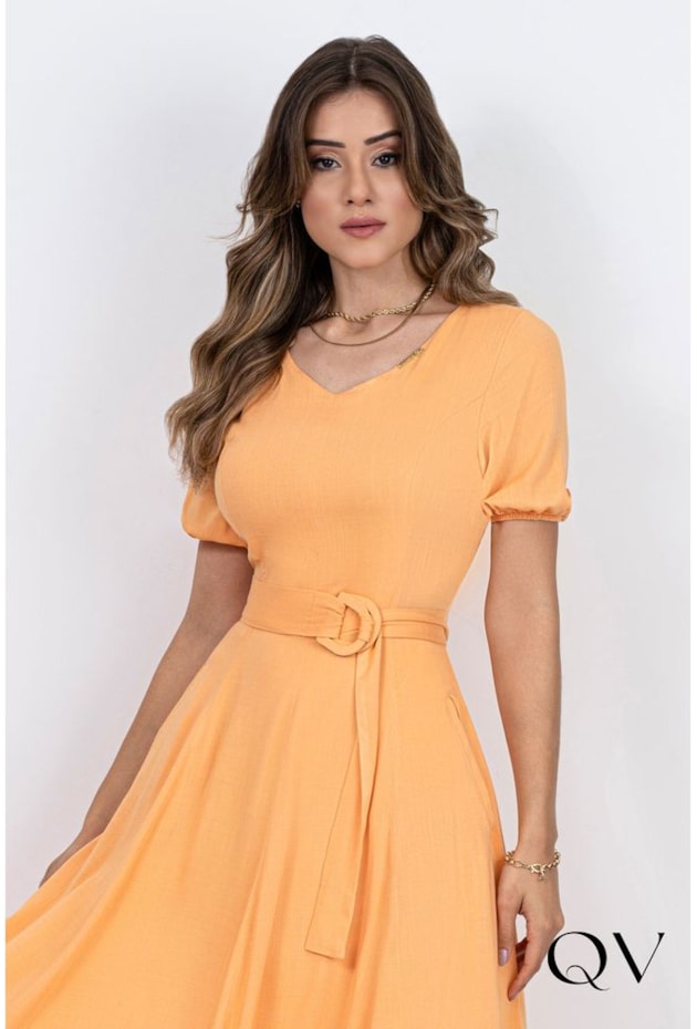 VESTIDO MIDI GODÊ COM FAIXA LARANJA - VIA TOLENTINO