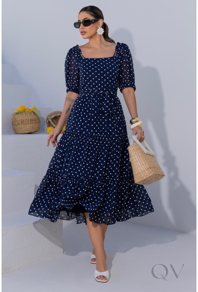 VESTIDO MIDI GODÊ EM CHIFFON COM POÁS AZUL MARINHO - LUZIA FAZZOLLI