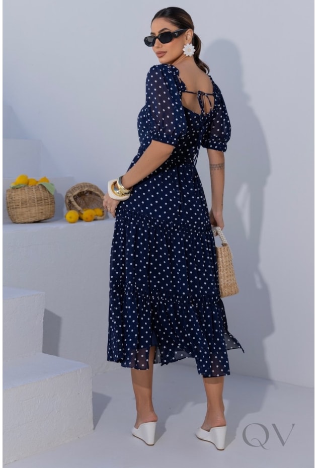 VESTIDO MIDI GODÊ EM CHIFFON COM POÁS AZUL MARINHO - LUZIA FAZZOLLI VESTIDO MIDI GODÊ EM CHIFFON COM POÁS AZUL MARINHO - LUZIA FAZZOLLI