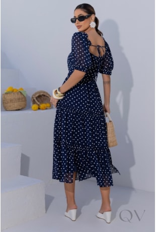 VESTIDO MIDI GODÊ EM CHIFFON COM POÁS AZUL MARINHO - LUZIA FAZZOLLI