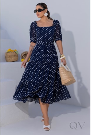 VESTIDO MIDI GODÊ EM CHIFFON COM POÁS AZUL MARINHO - LUZIA FAZZOLLI