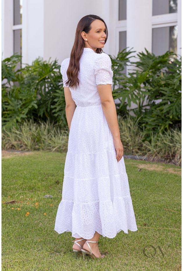 VESTIDO MIDI GODÊ EM LAISE BRANCO - JANY PIM