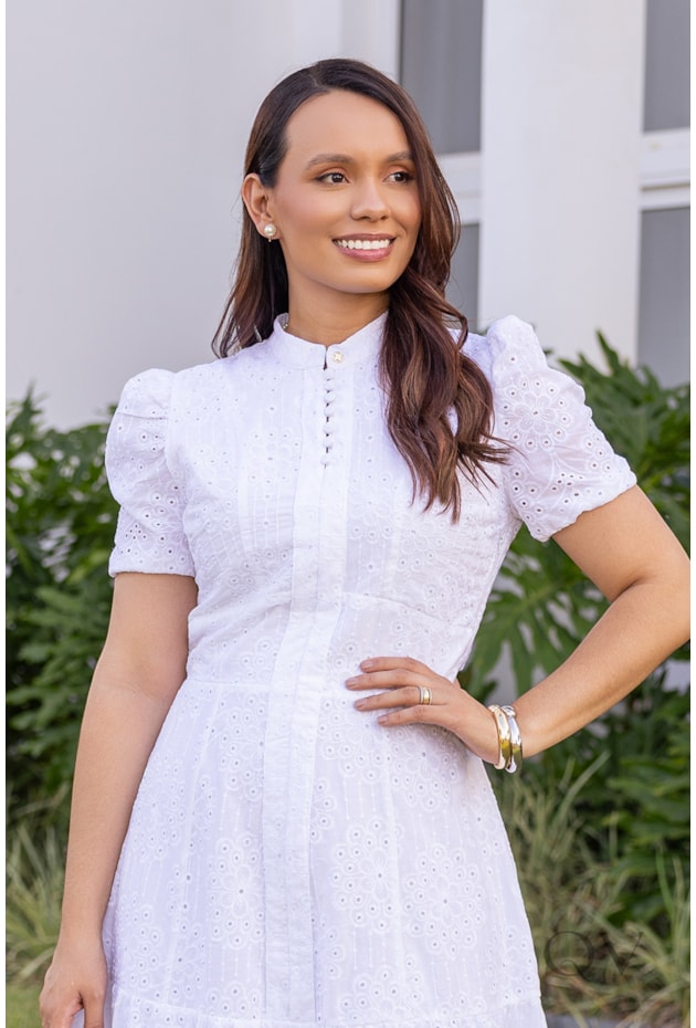 VESTIDO MIDI GODÊ EM LAISE BRANCO - JANY PIM