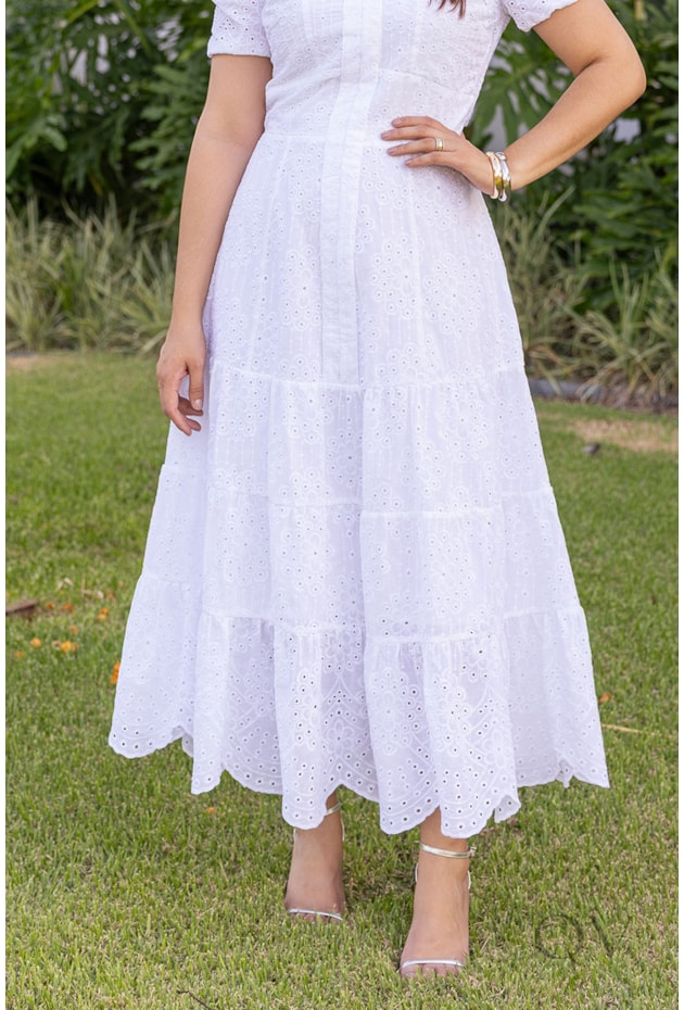 VESTIDO MIDI GODÊ EM LAISE BRANCO - JANY PIM