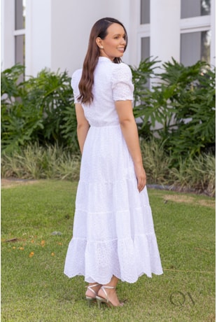 VESTIDO MIDI GODÊ EM LAISE BRANCO - JANY PIM