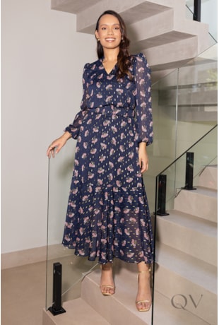 VESTIDO MIDI GODÊ EM MADELAINE AZUL FLORAL - JANY PIM