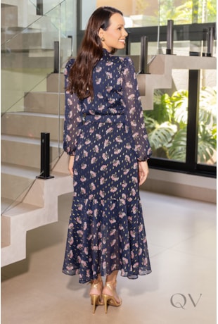 VESTIDO MIDI GODÊ EM MADELAINE AZUL FLORAL - JANY PIM
