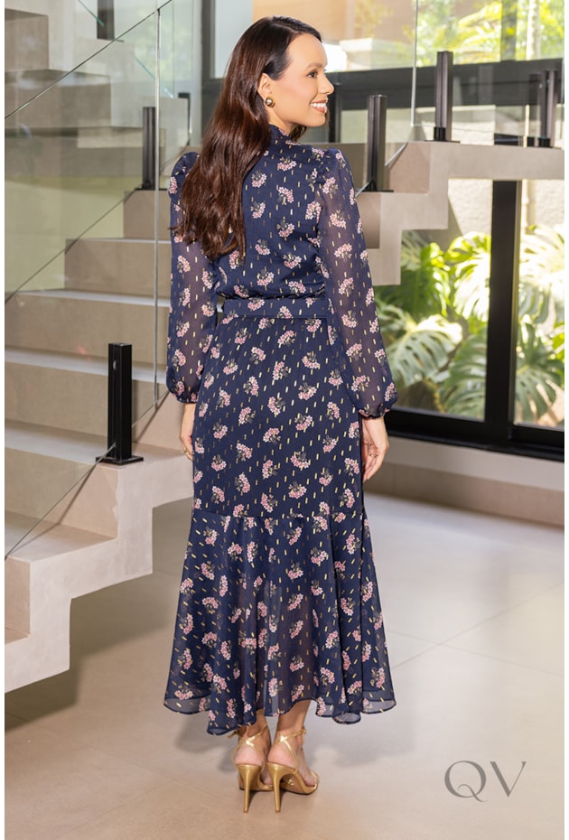 VESTIDO MIDI GODÊ EM MADELAINE AZUL FLORAL - JANY PIM