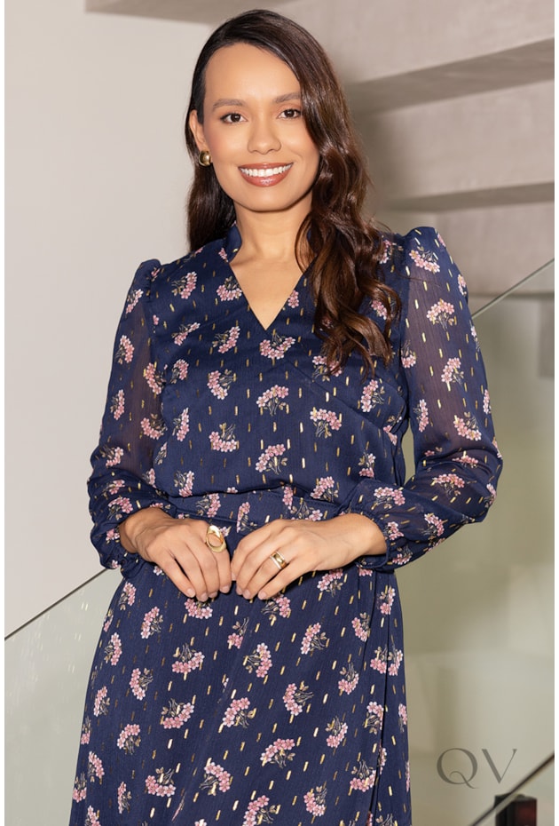 VESTIDO MIDI GODÊ EM MADELAINE AZUL FLORAL - JANY PIM