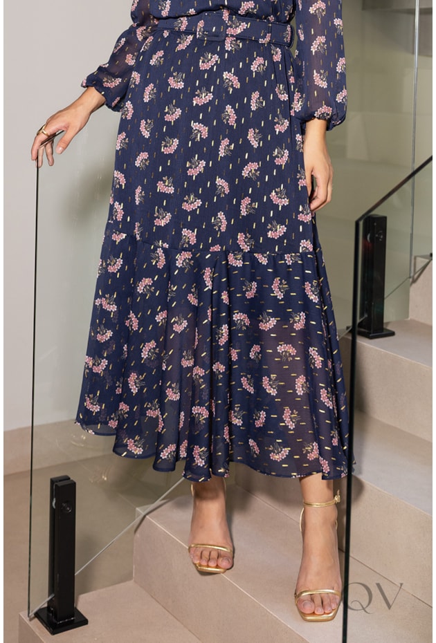 VESTIDO MIDI GODÊ EM MADELAINE AZUL FLORAL - JANY PIM