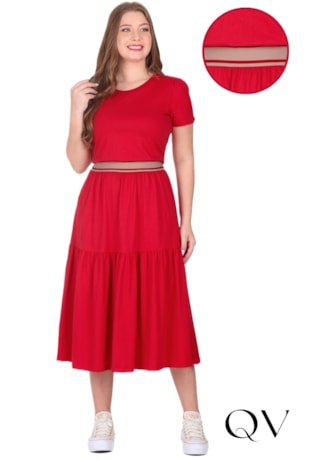 VESTIDO MIDI GODÊ EM MALHA DE ALGODÃO SUSTENTÁVEL E RIBANA VERMELHO - HAPUK