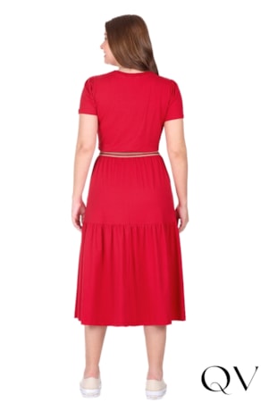 VESTIDO MIDI GODÊ EM MALHA DE ALGODÃO SUSTENTÁVEL E RIBANA VERMELHO - HAPUK