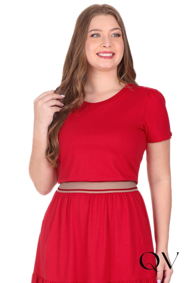 VESTIDO MIDI GODÊ EM MALHA DE ALGODÃO SUSTENTÁVEL E RIBANA VERMELHO - HAPUK