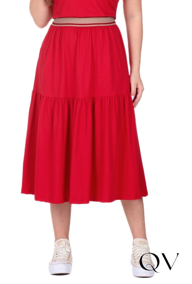 VESTIDO MIDI GODÊ EM MALHA DE ALGODÃO SUSTENTÁVEL E RIBANA VERMELHO - HAPUK