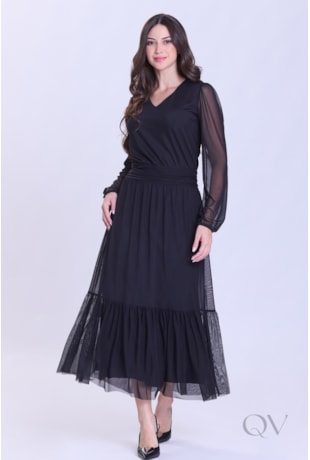 VESTIDO MIDI GODÊ EM MALHA TULE PRETO - HAPUK