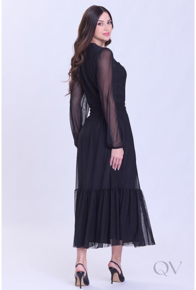 VESTIDO MIDI GODÊ EM MALHA TULE PRETO - HAPUK