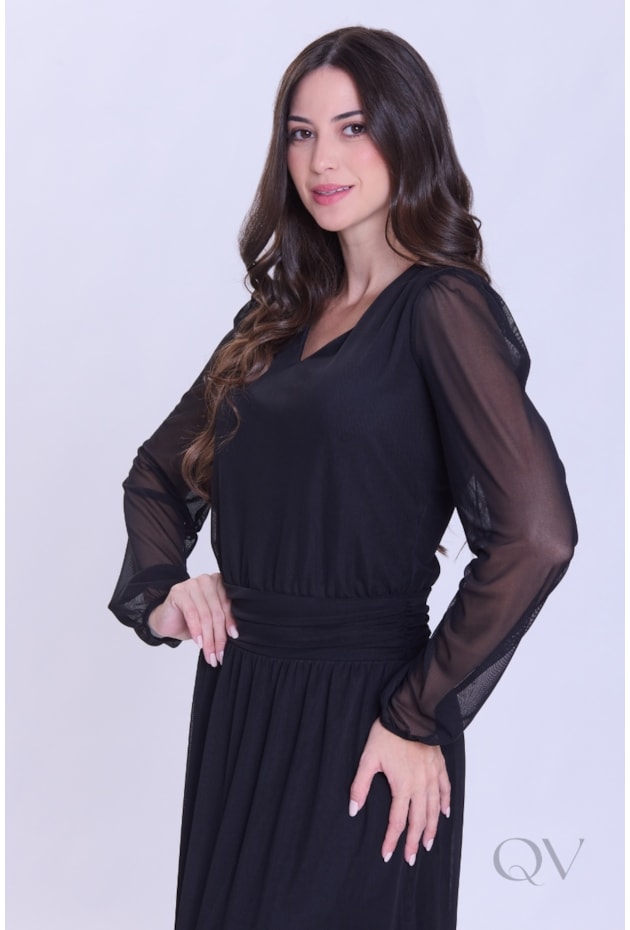VESTIDO MIDI GODÊ EM MALHA TULE PRETO - HAPUK