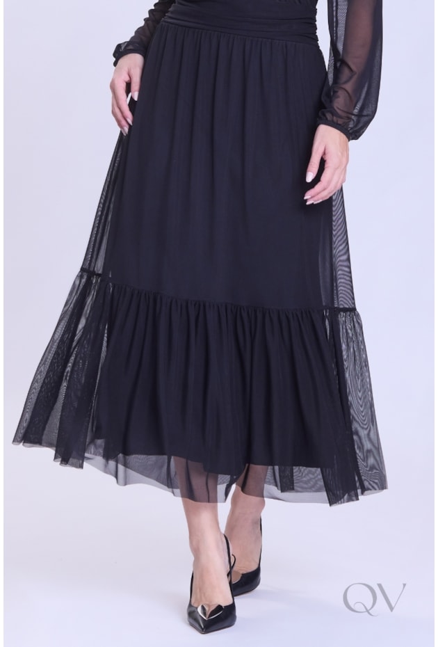 VESTIDO MIDI GODÊ EM MALHA TULE PRETO - HAPUK