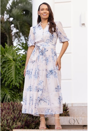 VESTIDO MIDI GODÊ EM MUSSELINE E TOQUE DE SEDA FLORAL - JANY PIM