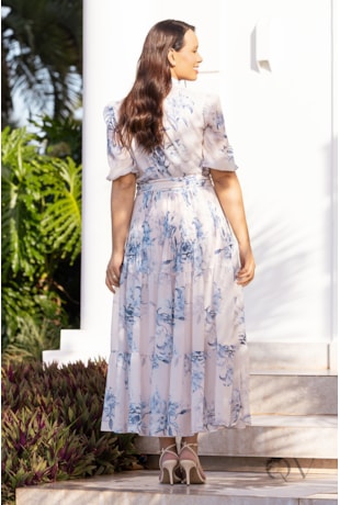 VESTIDO MIDI GODÊ EM MUSSELINE E TOQUE DE SEDA FLORAL - JANY PIM