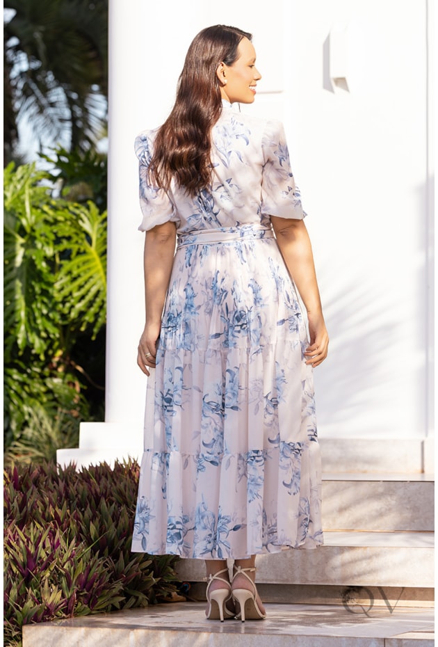 VESTIDO MIDI GODÊ EM MUSSELINE E TOQUE DE SEDA FLORAL - JANY PIM