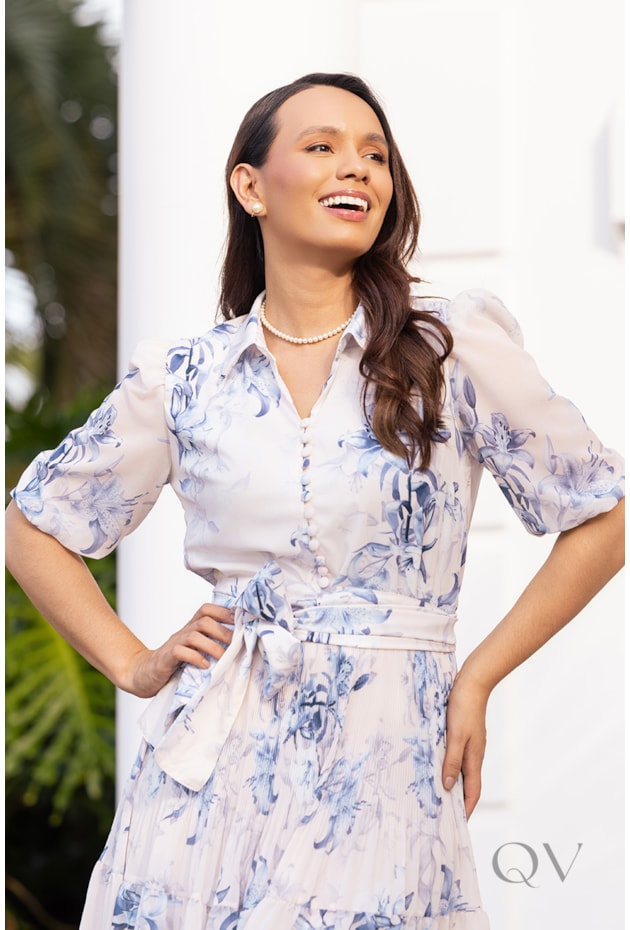 VESTIDO MIDI GODÊ EM MUSSELINE E TOQUE DE SEDA FLORAL - JANY PIM