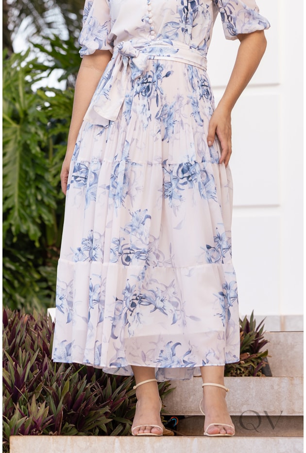 VESTIDO MIDI GODÊ EM MUSSELINE E TOQUE DE SEDA FLORAL - JANY PIM