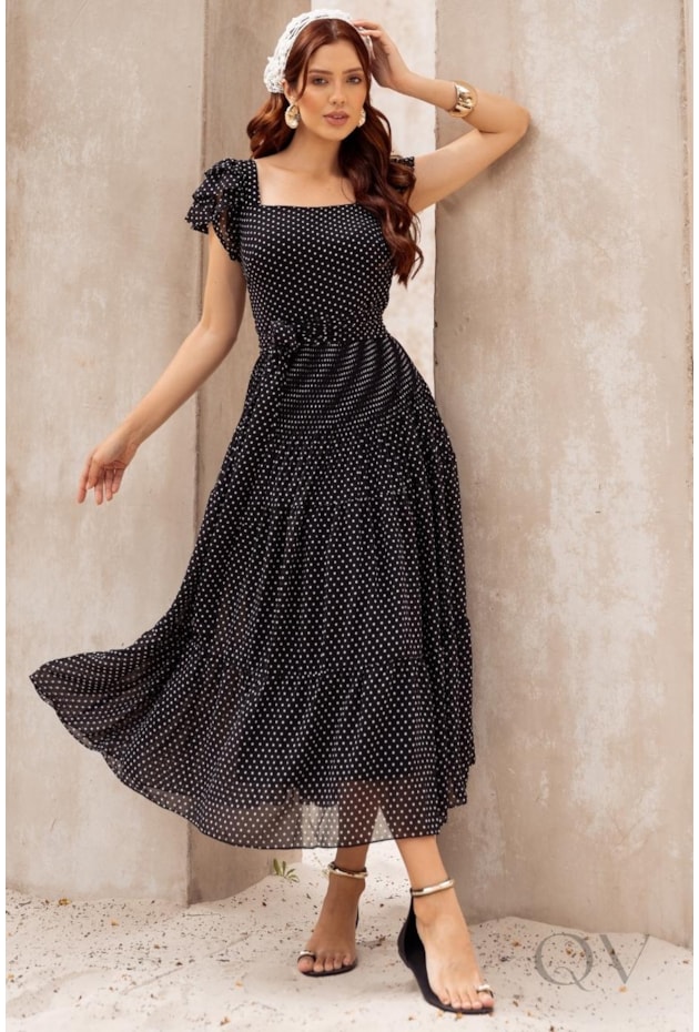 VESTIDO MIDI GODÊ EM MUSSELINE POÁ P&B - JANY PIM