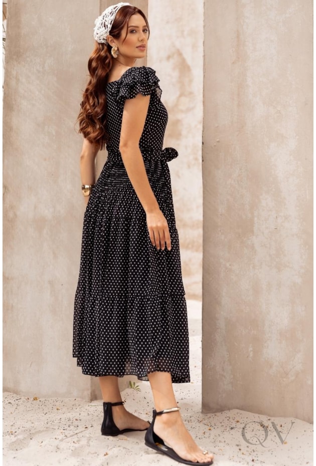 VESTIDO MIDI GODÊ EM MUSSELINE POÁ P&B - JANY PIM