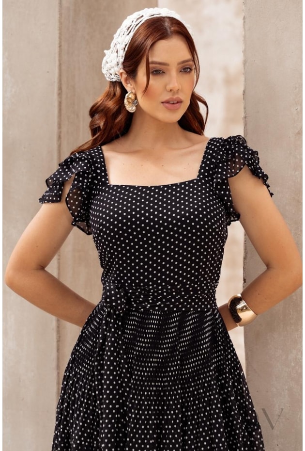 VESTIDO MIDI GODÊ EM MUSSELINE POÁ P&B - JANY PIM