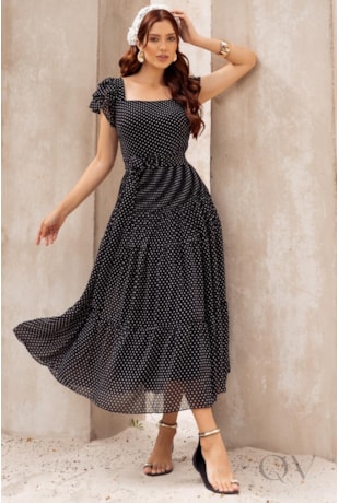 VESTIDO MIDI GODÊ EM MUSSELINE POÁ P&B - JANY PIM